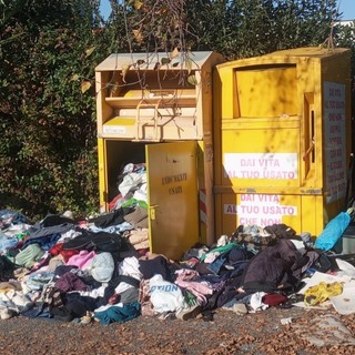 Il cassonetto di Humana nel parcheggio dell'MD di viale Borri