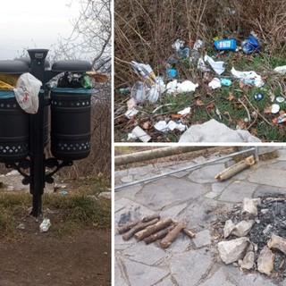 Rifiuti, cestini pieni e resti di un falò: i segni del bivacco al Belvedere del Campo dei Fiori