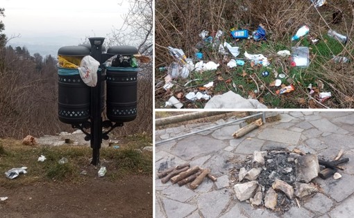 Rifiuti, cestini pieni e resti di un falò: i segni del bivacco al Belvedere del Campo dei Fiori