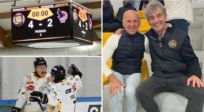 Varese-Fassa 4-2 con Cesare Carlacci in via Albani, a destra insieme a Matteo Malfatti, come nella gara che consegnò il secondo scudetto ai Mastini nell'89: segnali dall'infinito. Qui sopra a sinistra l'urlo di Dennis Perino, 19 anni, autore di una fantastica doppietta