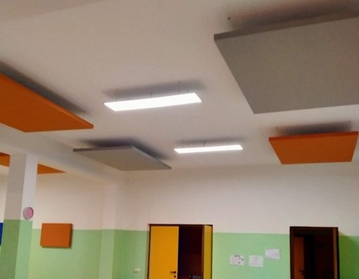 I pannelli colorati fonoassorbenti installati nel locale mensa della scuola primaria Dante Alighieri di Angera