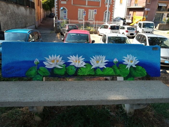 La nuova panchina dipinta ad Arcisate in una foto tratta dalla pagina Facebook della Pro Loco
