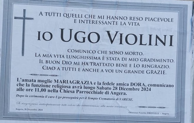 Il necrologio di Ugo Violini affisso ad Angera