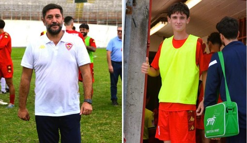 L'allenatore del Varese Roberto Floris e Pietro Marangon, titolare a 18 anni con la maglia della sua squadra, nella sua città e nello stadio dove è cresciuto (foto Ezio Macchi)