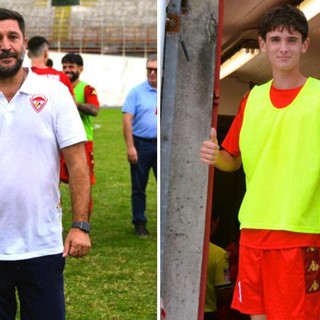 L'allenatore del Varese Roberto Floris e Pietro Marangon, titolare a 18 anni con la maglia della sua squadra, nella sua città e nello stadio dove è cresciuto (foto Ezio Macchi)