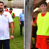 L'allenatore del Varese Roberto Floris e Pietro Marangon, titolare a 18 anni con la maglia della sua squadra, nella sua città e nello stadio dove è cresciuto (foto Ezio Macchi)