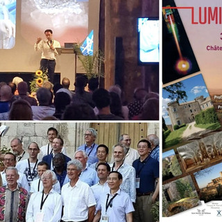 In alto a sinistra il &quot;nostro&quot; Filippo Fagnani sul palco dell'evento Lumiére et Laser. Sotto una foto di gruppo dei relatori e a fianco la locandina del convegno