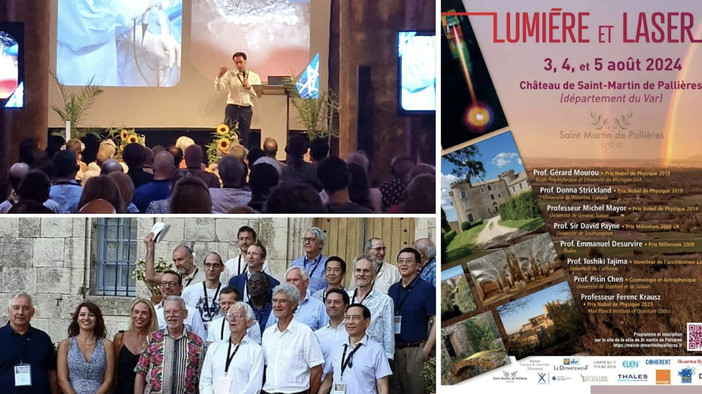 In alto a sinistra il &quot;nostro&quot; Filippo Fagnani sul palco dell'evento Lumiére et Laser. Sotto una foto di gruppo dei relatori e a fianco la locandina del convegno