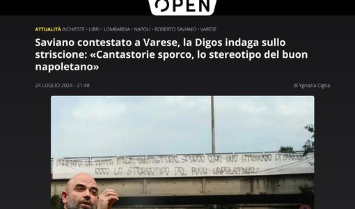 La contestazione di Varese a Saviano sui quotidiani online nazionali, qui sopra Open