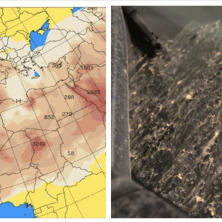 Da sinistra: la mappa delle correnti nordafricane e gli effetti delle polvere color ocra sulle auto a Varese (foto dal Centro Geofisico Prealpino)