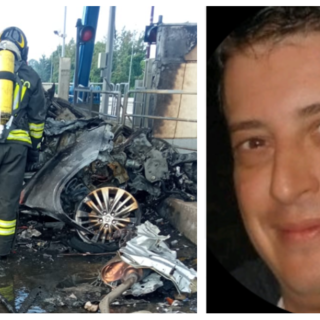 A sinistra: l'auto distrutta dalle fiamme. A destra: la vittima, Pietro Balzarini (foto Matteo Inzaghi Rete55.it)