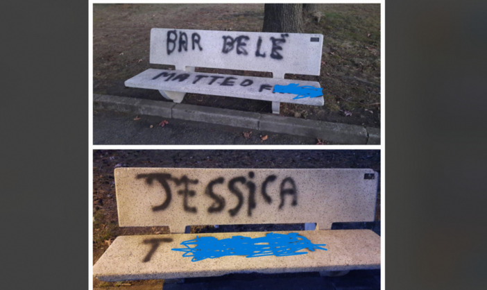 Le scritte omofobe e sessiste apparse sulle panchine del piazzale del cimitero di Vedano Olona