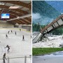 A sinistra la pista dell'Acinque Ice Arena, a destra il palaghiacico di Prato Sornico completamente distrutto