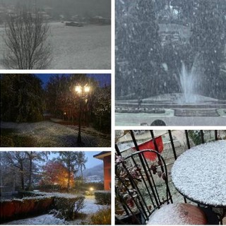 Dall'alto in senso orario il Brinzio e i Giardini Estensi sotto la prima neve, un balcone e un'abitazione in zona Masnago, il campo delle Bustecche in bianco, un'auto in sosta davanti al palaghiaccio di via Albani e al centro un giardino a Castronno