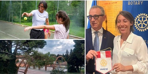 Dida: Francesca Schiavone sul campo da tennis insieme a una piccola allieva e, a destra, con il presidente del Rotary Varese Massimo Pozzi. Nella terza foto i lavori sui campi della culla del tennis varesina che aprirà accanto al palaghiaccio