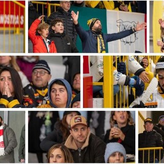 Tra il pubblico di ieri all'Acinque Ice Arena si è rivisto il giornalista e grande appassionato di hockey Gian Luca Rossi (in alto a sinistra). Qui sopra anche Michael Mazzacane, infortunato, e i tifosi dell'Alleghe