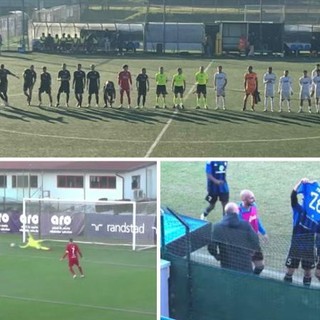 In alto il Varese schierato in nero, che non porta molto bene evidentemente, contro il Chisola. Qui sopra la miracolosa parata del portiere del Vigasio su Bertoli della Varesina al 93' e il bellissimo gesto di Scapinello (doppietta per lui oggi nella Solbia) che alza la maglia del compagno Puka, operato dopo un serio infortunio