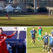 In alto il rigore parato a Banfi, poi arriverà il gol vittoria biancorosso di Lari. A destra Scapinello e la Solbia abbracciano Torraca-gol, a sinistra Bertoli dopo il raddoppio della Varesina (foto Scaringi)