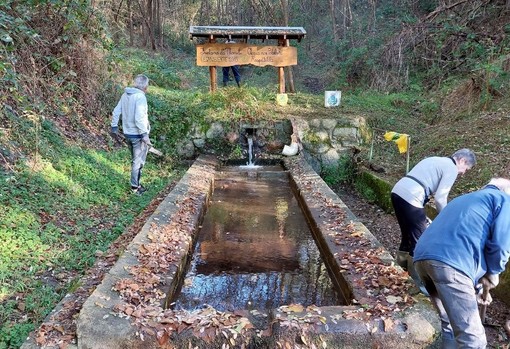 Volontari al lavoro per la manutenzione della fontana dei Marsili (foto di Legambiente Cantello)