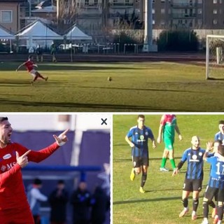 In alto il rigore parato a Banfi, poi arriverà il gol vittoria biancorosso di Lari. A destra Scapinello e la Solbia abbracciano Torraca-gol, a sinistra Bertoli dopo il raddoppio della Varesina (foto Scaringi)