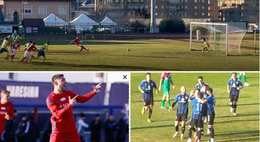 In alto il rigore parato a Banfi, poi arriverà il gol vittoria biancorosso di Lari. A destra Scapinello e la Solbia abbracciano Torraca-gol, a sinistra Bertoli dopo il raddoppio della Varesina (foto Scaringi)