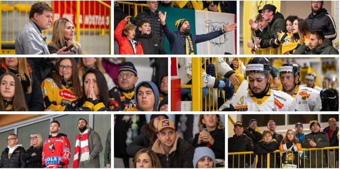 Tra il pubblico di ieri all'Acinque Ice Arena si è rivisto il giornalista e grande appassionato di hockey Gian Luca Rossi (in alto a sinistra). Qui sopra anche Michael Mazzacane, infortunato, e i tifosi dell'Alleghe