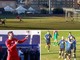 In alto il rigore parato a Banfi, poi arriverà il gol vittoria biancorosso di Lari. A destra Scapinello e la Solbia abbracciano Torraca-gol, a sinistra Bertoli dopo il raddoppio della Varesina (foto Scaringi)