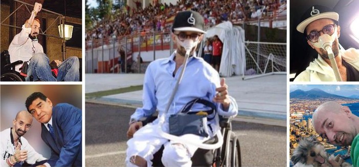 Le cinque foto della vita di Luca Alfano: dall'alto in senso orario sul palco di piazza Monte Grappa alla presentazione del Varese in serie B, allo stadio Franco Ossola, in auto con il suo cappellino, con il cagnolino Laki nell'amato golfo di Napoli e con il suo mito Maradona