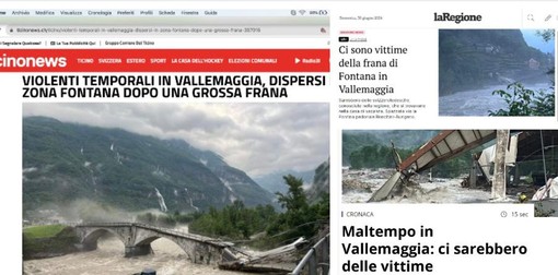 Alcuni giornali online ticinesi sul disastro in Vallemaggia: Ticinonews, laRegione e Tio con i titoli principali di questa mattina