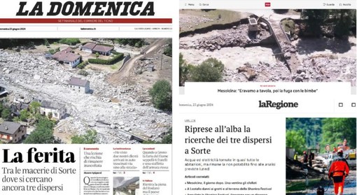Quotidiani cartacei e online ticinesi con titoli e immagini drammatiche sul disastro in Mesolcina