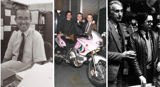 Enrico Minazzi, classe 1951, e quel profumo di giornalismo vero e autentico: alla Gazzetta dello Sport dal 1984 al 2010, nella foto centrale è nell'ufficio del direttore Candido Cannavò con la moto rosa che Claudio Castiglioni regalò a Pantani vincitore del Giro d'Italia 1998. A destra è con Sandro Gamba al palazzetto