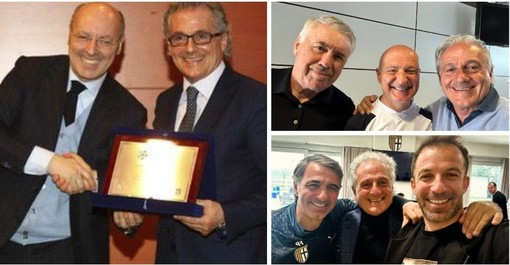 A sinistra Ferretto Ferretti con Beppe Marotta. Sopra a destra è con Ancelotti e il preparatore del Real, più in basso con Alex Del Piero e il mister del Parma Fabio Pecchia