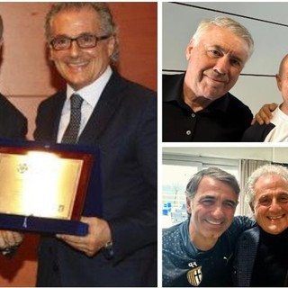 A sinistra Ferretto Ferretti con Beppe Marotta. Sopra a destra è con Ancelotti e il preparatore del Real, più in basso con Alex Del Piero e il mister del Parma Fabio Pecchia