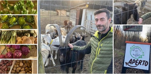 I prodotti della terra appena colti, il caprone Pasqualino e Daniele Bissacca alla Fazenda del Besa, in via Piana di Luco, tra viale Borri e Schianno