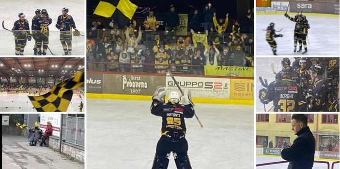 Qui al centro l'esultanza di Filippo Matonti davanti al popolo giallonero a Feltre, sopra a destra l'abbraccio al gol decisivo di Marcello Borghi, qui a destra Glavic in tribuna in mezzo ai tifosi e a sinistra Sandro e Giusy salutano la squadra alla partenza da Varese (si ringraziano per foto e video Monica Luini e Oscar Franzoni)