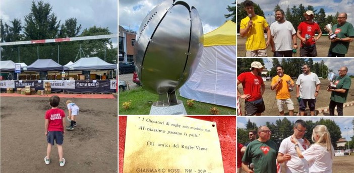 Passato, presente e futuro all'Aldo Levi di Giubiano: due bimbi pronti a calciare tra i pali, l'ovale rivolto verso il cielo di Gianmario Rossi e le premiazioni per il miglior giocatore Luca Perin, l'uomo squadra Sirio Pari e la bislonga d'oro per Marco Talacchini