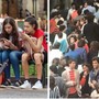 A sinistra tutti al cellulare tra messaggini, cuoricini e fiorellini, vicini eppure lontanissimi. A destra un'immagine delle vasche in corso Matteotti a Varese dove una fiumana di gente s'incontrava, e a volte si scontrava, nella realtà, faccia a faccia (foto di Pamela Pini tratta dalla Varese Nascosta)