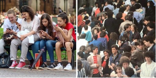 A sinistra tutti al cellulare tra messaggini, cuoricini e fiorellini, vicini eppure lontanissimi. A destra un'immagine delle vasche in corso Matteotti a Varese dove una fiumana di gente s'incontrava, e a volte si scontrava, nella realtà, faccia a faccia (foto di Pamela Pini tratta dalla Varese Nascosta)