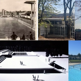 Vite della piscina. In alto nel 1939, in senso antiorario il progetto del '79, l'impianto scoperto quest'estate e la Manara Sartori tristemente chiusa oggi