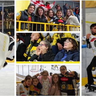 Perla felice con il popolo giallonero e Piroso in battaglia nella cornice dei quasi mille spettatori dell'Acinque Ice Arena (foto Emanuele Scordo)