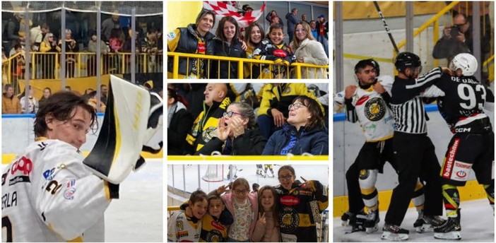 Perla felice con il popolo giallonero e Piroso in battaglia nella cornice dei quasi mille spettatori dell'Acinque Ice Arena (foto Emanuele Scordo)