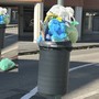 Cestini con sacchi di immondizia: un'immagine diffusa in città (nel riquadro evidenziata anche la presenza di un sacco sotto)