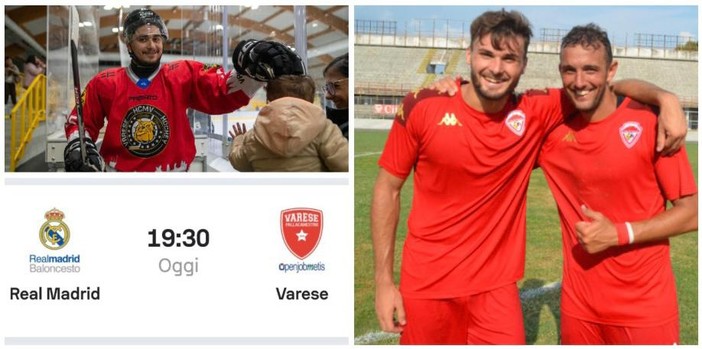 Molinari, a destra felice con Valagussa dopo il 2-0 del Varese alla Varesina in Coppa, oggi merita un regalo dai suoi compagni. Sopra Piroso e i Mastini attendono tutti al palaghiaccio per l'ultima amichevole precampionato, poi alle 19.30 Real Madrid-Varese di basket ci riporterà ad anni gloriosi