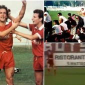 Tatti-gol e, a destra, i Boys a Cento nel 1990 per la vittoria che spalanca le porte della C1 ai biancorossi grazie al gol del bomber toscano (qui sopra un fermo immagine dell'esultanza da Rete 55 che trasmise la partita)