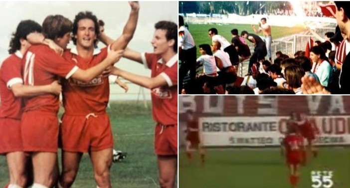 Tatti-gol e, a destra, i Boys a Cento nel 1990 per la vittoria che spalanca le porte della C1 ai biancorossi grazie al gol del bomber toscano (qui sopra un fermo immagine dell'esultanza da Rete 55 che trasmise la partita)