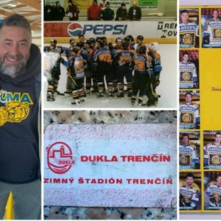 Schegge di storia: a sinistra Gian-Marco Meneghin e Flavio Terminiello, qui sopra sono gli ultimi due a destra in panchina il 29 dicembre 1995 a Trencin dopo il trionfo della Shimano nella Federation Cup, sotto il biglietto d'ingresso delle finali e a destra gli eroi dell'unica squadra italiana di hockey su ghiaccio trionfatrice in una coppa europea