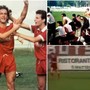 Tatti-gol e, a destra, i Boys a Cento nel 1990 per la vittoria che spalanca le porte della C1 ai biancorossi grazie al gol del bomber toscano (qui sopra un fermo immagine dell'esultanza da Rete 55 che trasmise la partita)