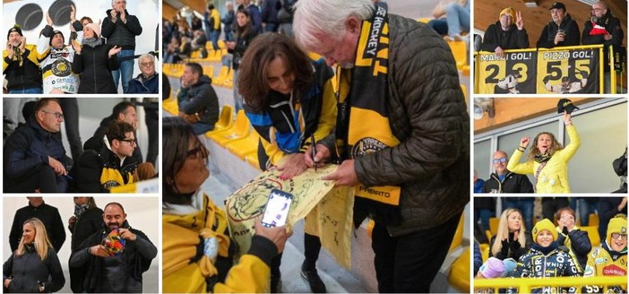 Tony Currie (al centro) autografa il vessillo della Kronenbourg, di cui fu un eroe scudettato. A sinistra Max Di Caro con la sciarpa giallonera accanto al mister della Varesina, Marco Spilli, e il direttore generale della Canottieri Varese Pierpaolo Frattini, ospite con la famiglia e con i &quot;suoi&quot; ragazzi della Schiranna (foto Alessandro Galbiati)