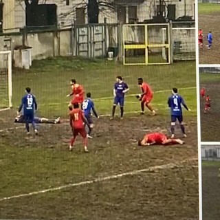 Tutti giù per terra: a sinistra Mapelli viene abbattuto da una gomitata di un giocatore a palla lontana (ferita al labbro, verrà ricucito in ospedale con 8 punti di sutura) sull'azione del 2-2 del Fanfulla, a destra Bertoli scappa via e viene affrontato al limite dell'area e poi fatto cadere dal portiere. Sarebbe stato il rigore del possibile 3-2