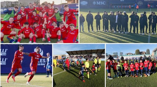 La Varesina fa festa per il 3-2 alla Nuova Sondrio con gol del neo acquisto Mauri e del bomber Bertoli (qui sopra a sinistra) in una giornata speciale con tutto il vivaio e i Mastini dell'hockey (in alto a destra) a riempire lo stadio - Foto Enrico Scaringi Varesina Calcio